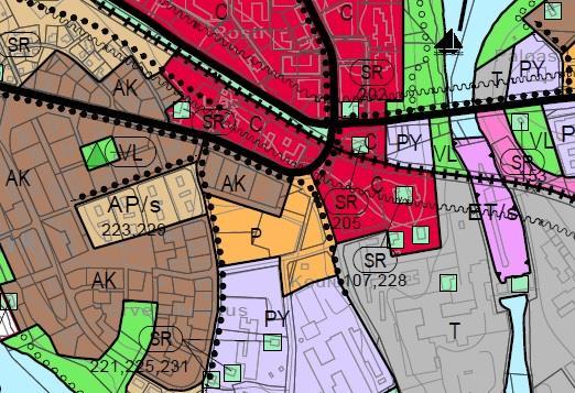 Suunnittelualue sijaitsee keskustatoimintojen alueella (C, punainen väri) ja sitä ympäröi taajamatoimintojen alue (A, vaaleanruskea väri).