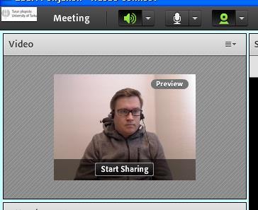 Jos kuvan oikeassa yläkulmassa lukee Preview, niin videokuva näkyy vain sinulle itsellesi. Klikkaa Start Sharing, niin kuvasi tulee näkyviin myös muille AC:n käyttäjille.