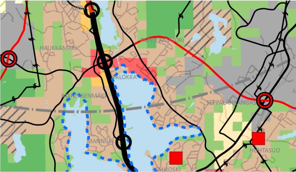 Suunnittelualueen likimääärinen sijainti osoitettu sinisellä katkoviivalla. Jyväskylän yleiskaava on hyväksytty 10.11.