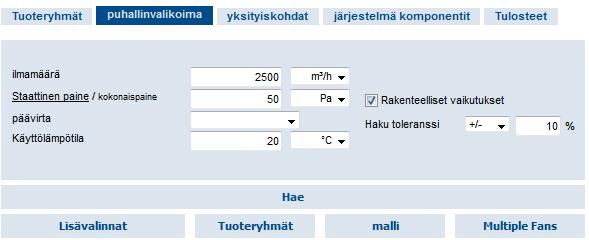 6.3 FANselectin käyttö FANselectin käyttöön on tehty selkeät ohjeet, joiden avulla työkalun käyttö on helppoa. Kuten aikaisemmin mainittiin, puhaltimen määritys alkaa toimintapisteen määrittämisellä.