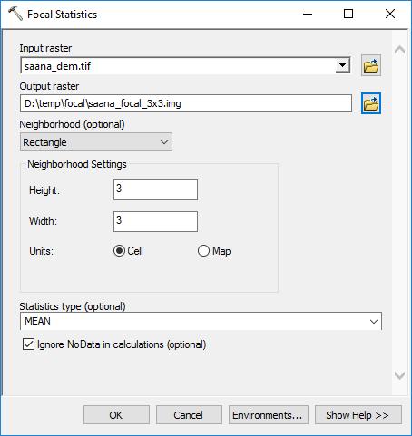 Naapurustoanalyysit (Neighborhood / Focal) Spatial Analyst Tools Neighborhood Focal Statistics Input-rasteri Output-rasteri Naapuruston muoto.