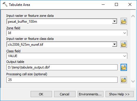 Tabulate Area Spatial Analyst Tools Zonal Zonal Statistics as Table Syötteissä sama periaate kuin Zonal-analyysissakin Vyöhykkeet sisältävä data Vyöhykkeet yksilöivä tunniste