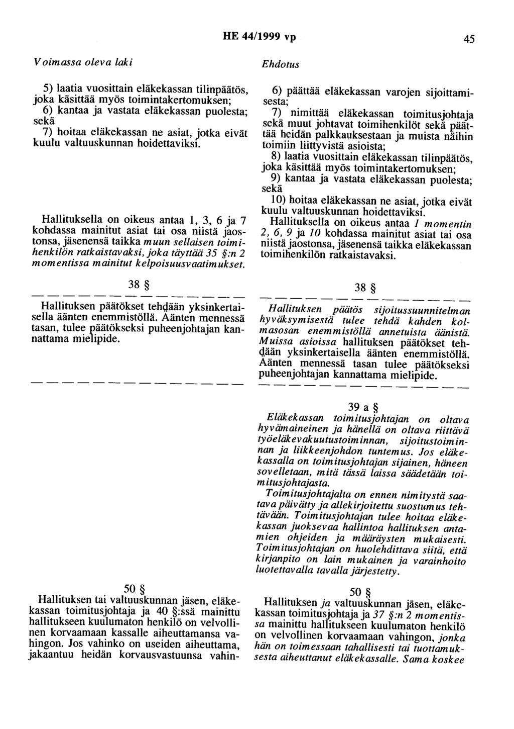 HE 44/1999 vp 45 Voimassa oleva laki 5) laatia vuosittain eläkekassan tilinpäätös, joka käsittää myös toimintakertomuksen; 6) kantaa ja vastata eläkekassan puolesta; sekä 7) hoitaa eläkekassan ne