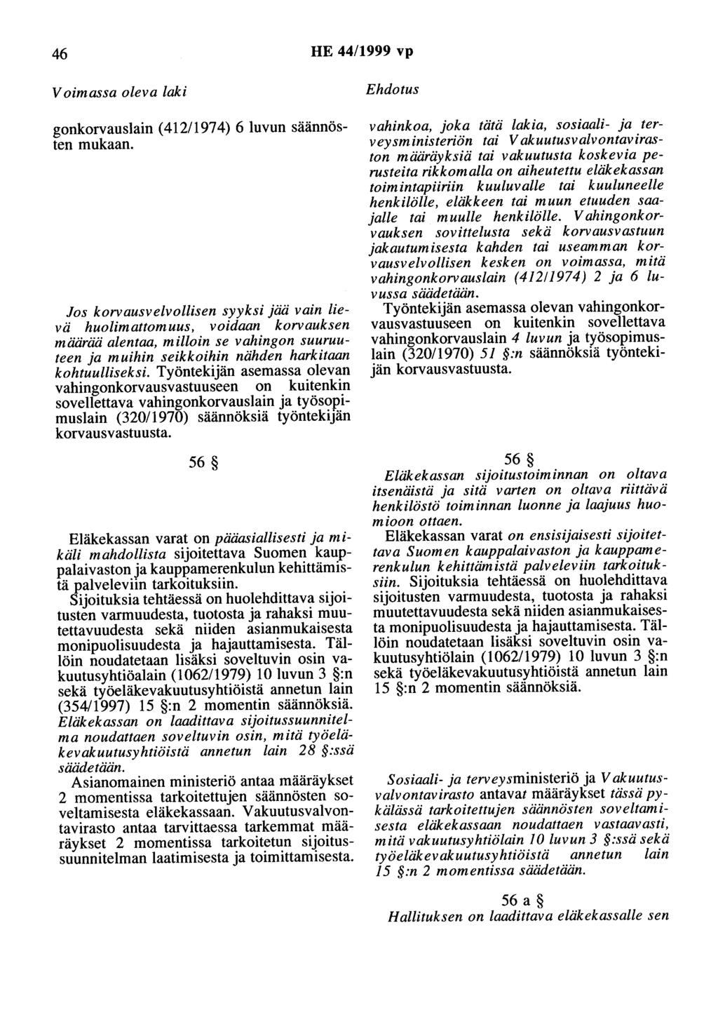 46 HE 44/1999 vp Voimassa oleva laki gonkorvauslain (412/1974) 6 luvun säännösten mukaan.