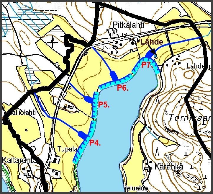 62 Kuva 17. Pintavalutuskentät 4 7 (Maanmittauslaitos lupa nro 7/MML/12, SYKE) Kenttien pidätyskyvyn voidaan olettaa muodostuvan kohtuullisen hyväksi soisen rannan ansiosta.