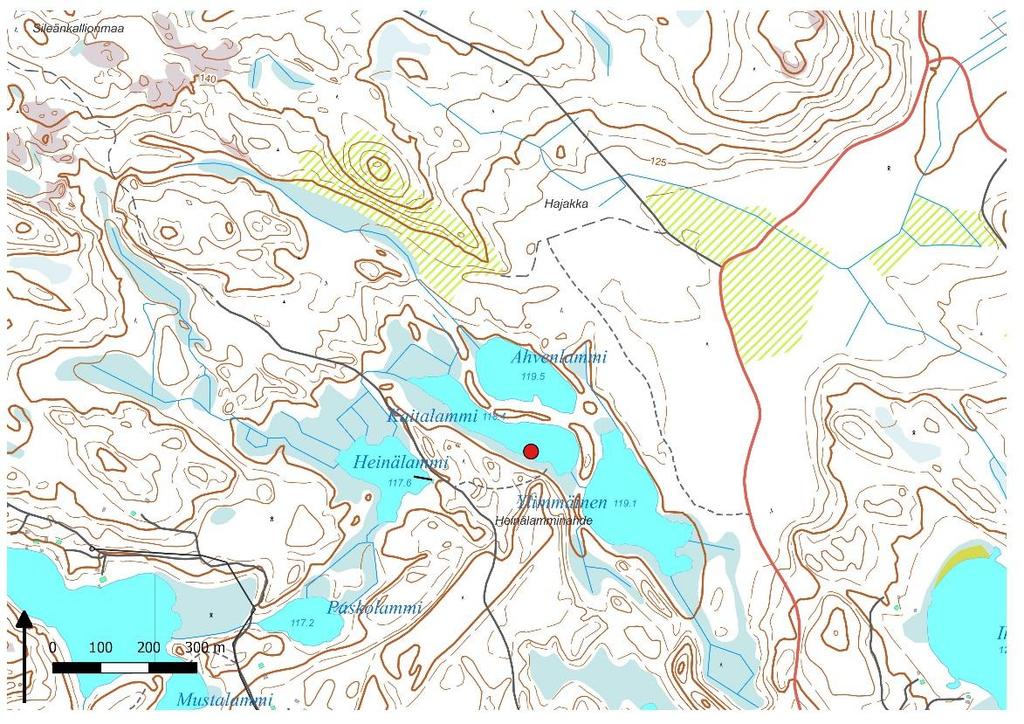 Edelliset näytteet Kaitalammista on otettu helmikuussa 1994. Vesinäytteenottopaikka on merkitty punaisella pallolla.