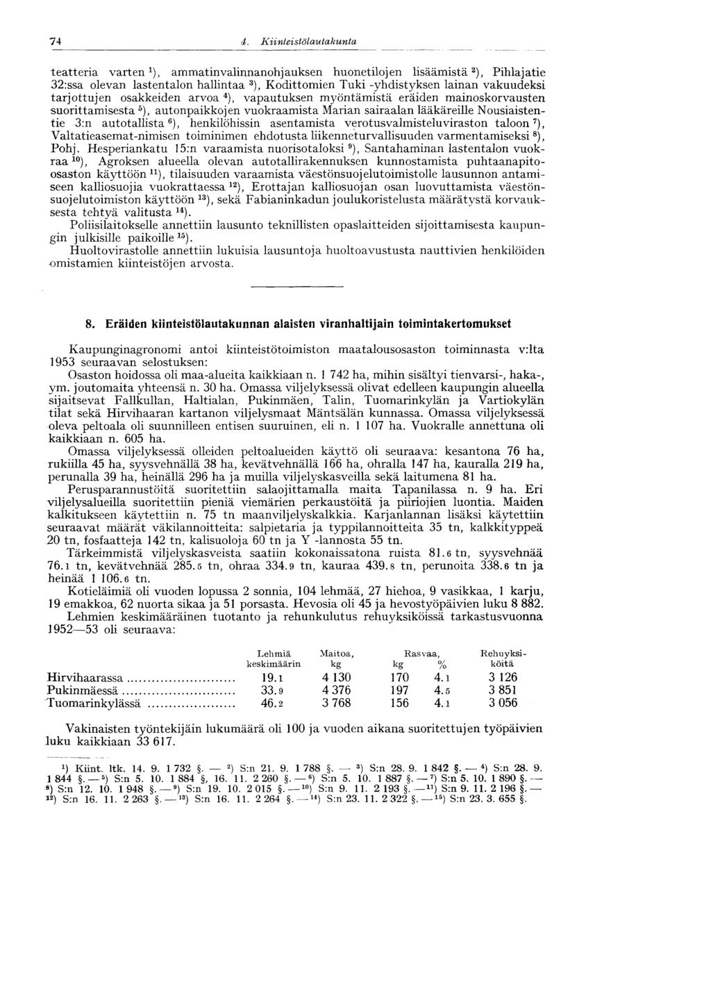 74 4. Kiinteistölautakunta* teatteria varten 1 ), ammatinvalinnanohjauksen huonetilojen lisäämistä 2 ), Pihlajatie 32:ssa olevan lastentalon hallintaa 3 ), Kodittomien Tuki -yhdistyksen lainan