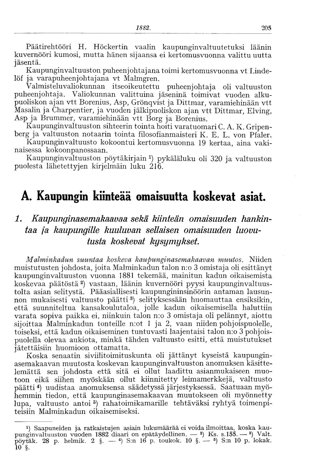 1881. 205 Päätirehtööri H. Höckertin vaalin kaupunginvaltuutetuksi läänin kuvernööri kumosi, mutta hänen sijaansa ei kertomusvuonna valittu uutta jäsentä.