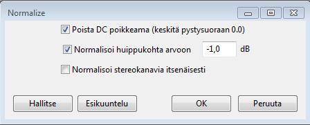 C-KASETIN DIGITOINTI, ÄÄNEN NORMALISOINTI JA PROJEKTIKSI TALLENTAMINEN 6 Äänen normalisointi Jos aiot tallentaa äänitiedoston CD:lle, kannattaa äänenvoimakkuus normalisoida tarpeeksi kuuluvaksi.