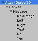 Dialogit Dialogipohjan tekeminen aloitettiin luomalla tyhjä GameObject, jonka sisään tehtiin Canvas. Canvaksen sisään tehtiin uusi GameObject, jolle annettiin nimeksi Message.