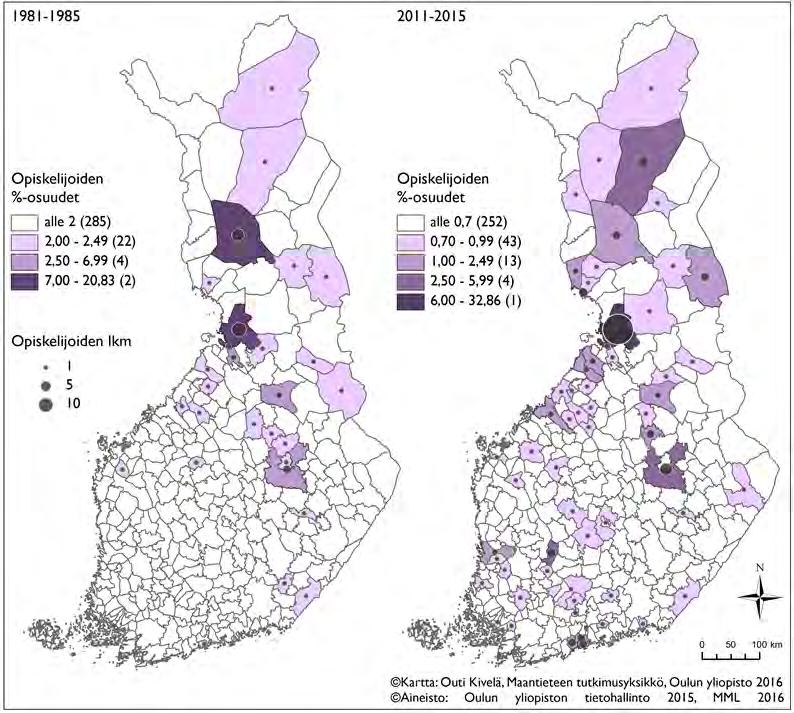 120 Kuva 68 Kaivannaisalan tiedekunnan vuosien 1981 1985 sekä 2011 2015 rekrytointialueet. yliopistoa pienemmiksi.