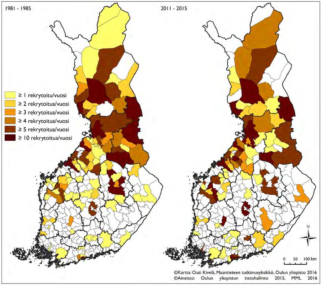 19 Kuva 5. Oulun yliopiston pääasialliset rekrytointialueet vuosina 1981 1985 ja 2011 2015. pienemmäksi: viimeisen ajanjaksona rekrytointialue peitti maakunnan kunnista 80 prosenttia.