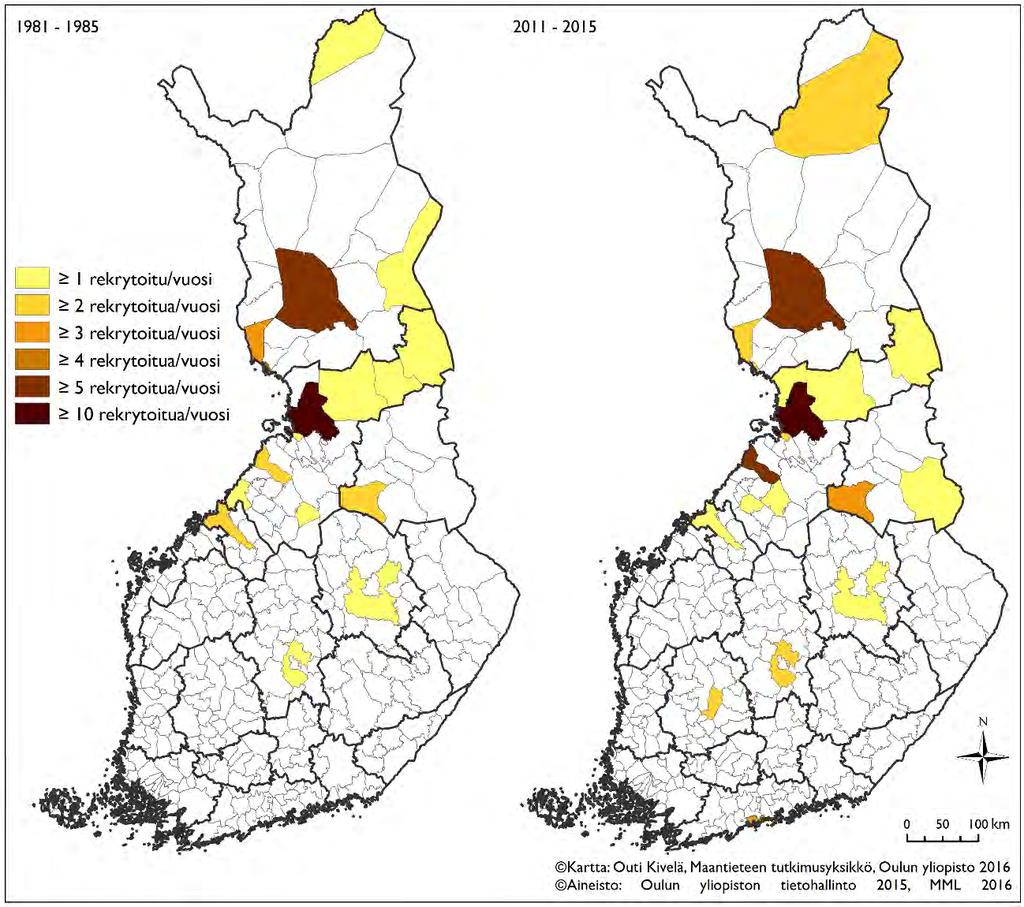 28 Taulukko 9. Humanistisen tiedekunnan pääasiallisen rekrytointialueen laajuus ja sen vaihtelu vuosina 1981 2015.