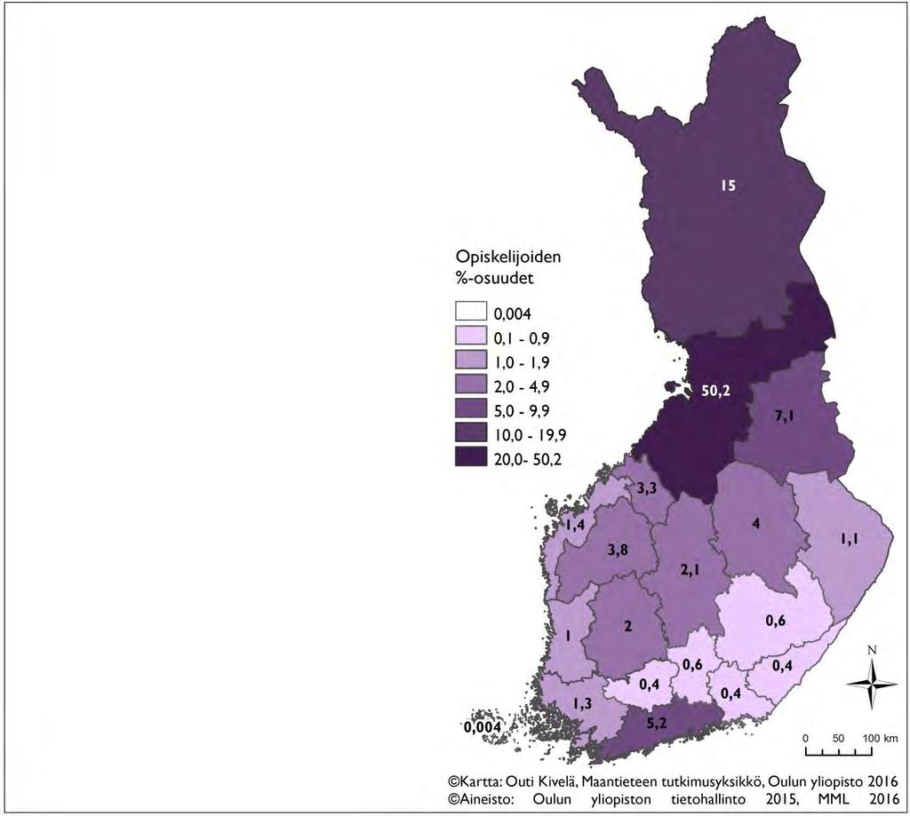 42 Maakunta lkm % 1 Pohjois-Pohjanmaa 28316 50,2 2 Lappi 8470 15,0 3 Kainuu 4015 7,1 4 Uusimaa 2947 5,2 5 Pohjois-Savo 2239 4,0 6 Etelä-Pohjanmaa 2150 3,8 7 Keski-Pohjanmaa 1870 3,3 8 Keski-Suomi