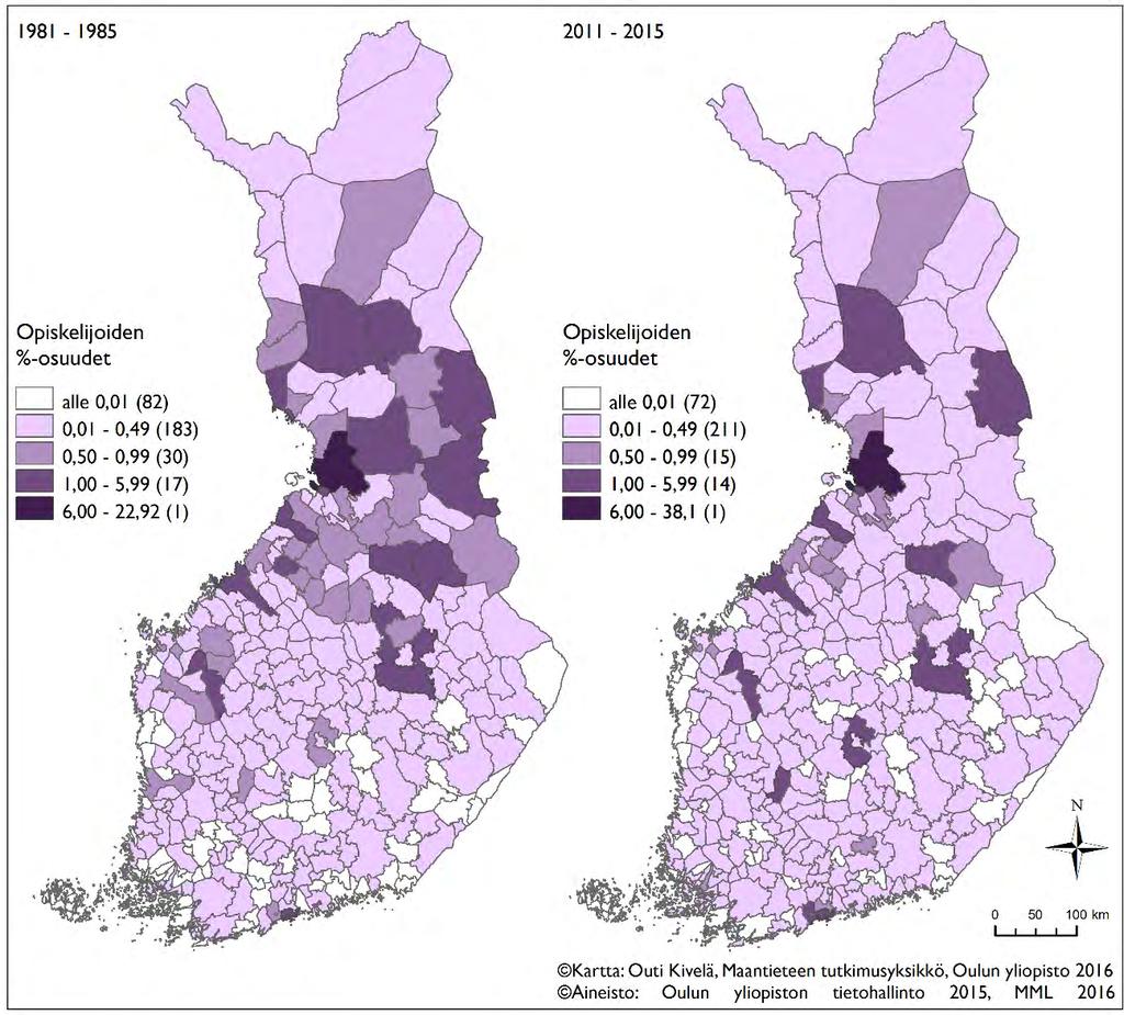 47 Kuva 19. Oulun yliopiston rekrytoitujen opiskelijoiden suhteelliset kunnittaiset osuudet ajanjaksona 1981 1985 ja 2011 2015.
