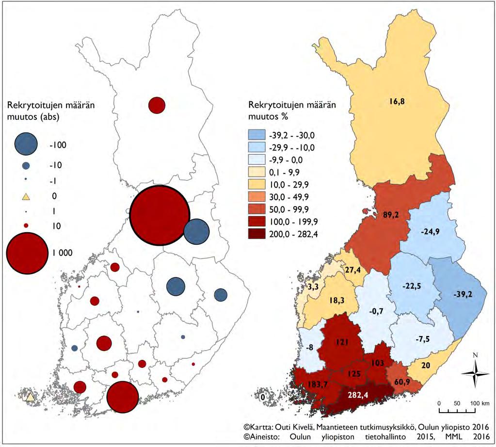 49 Kuva 20. Rekrytointimäärien absoluuttiset sekä suhteelliset (%) muutokset maakunnittain tarkasteluna.