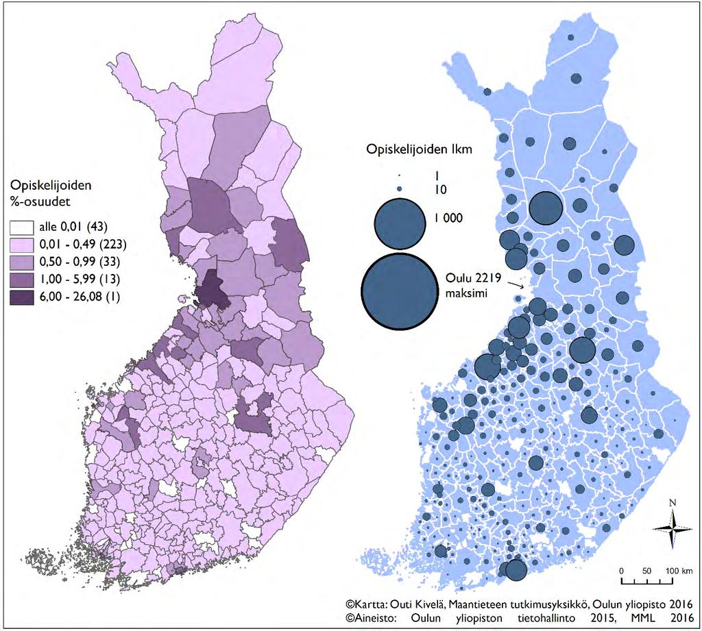 73 Kuva 33. Luonnontieteellisen tiedekunnan vuosien 1981 2015 sekä suhteellisiin rekrytointiosuuksiin että absoluuttisiin rekrytointimääriin perustuvat rekrytointialueet.