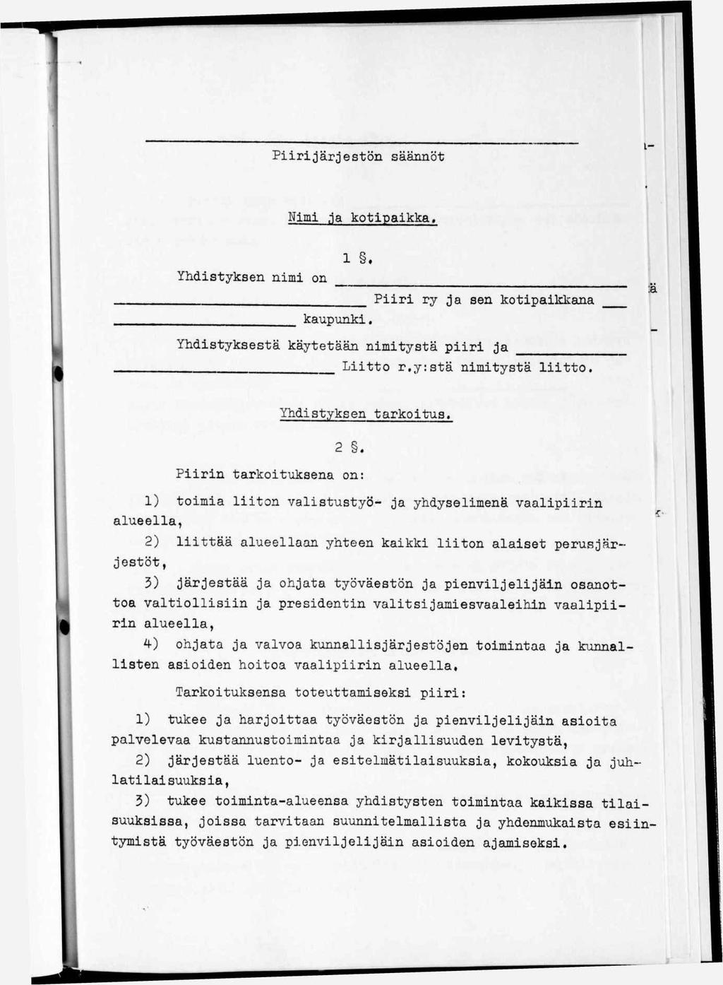 Piirijärjestön säännöt i- Nimi,1a kotipaikka. 1. Yhdistyksen nimi on Piiri ry ja sen kotipaikkana kaupunki :a e Yhdistyksestä käytetään nimitystä piiri ja Liitto r,y:stä nimitystä liitto.