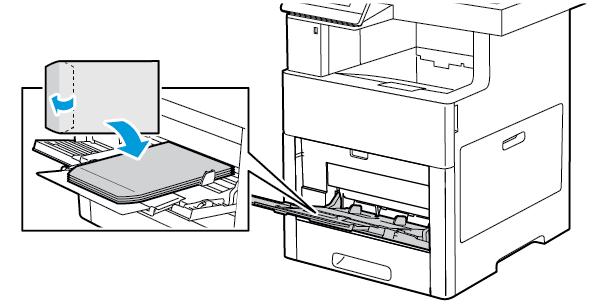 Paperit ja muu tulostusmateriaali - Aseta kirjekuoret etupuoli ylöspäin, läppä kiinni ja alaspäin ja lyhyt reuna tulostimeen päin. Jotta tulostus onnistuisi oikein, aseta kirjekuoret läppä auki.