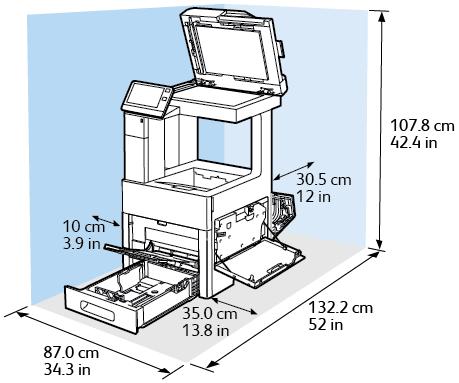 Tekniset tiedot Kokonaistilan tarve Mitat Leveys Syvyys Korkeus Kokoonpanot ilman valinnaisia laitteita 87,0 cm (34,3") 132,2 cm (52,0") 107,8 cm (42,4") Kokonaistilan