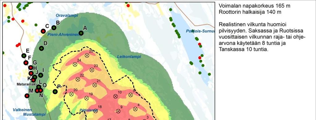 Sivu 9 (12) Vyöhykkeellä, jossa realistisen mallinnuksen mukainen varjon vilkunnan määrä on yli kahdeksan tuntia vuodessa, sijaitsee yksi asutuskohde (vapaa-ajan asunto).