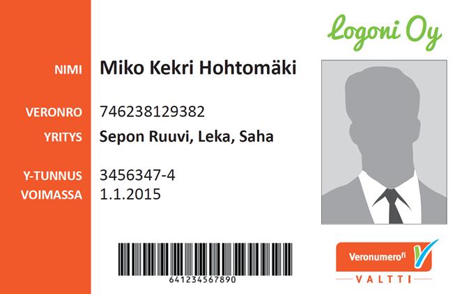 9 Kuvio 3. Esimerkki henkilötunnisteesta.[13.] 4.5 Veronumero Harmaata taloutta torjuttaessa rakennusalalla yksi keino on veronumero.