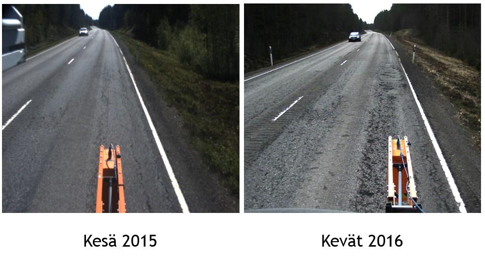 64 Paikoitellen huonossa kunnossa on myös valtatie 13, jonka määrätyillä tieosilla kesän 2015 ja kevään 2016 mittausten välillä päällystevaurioiden kehittyminen on ollut huomattavaa (Kuva 42).