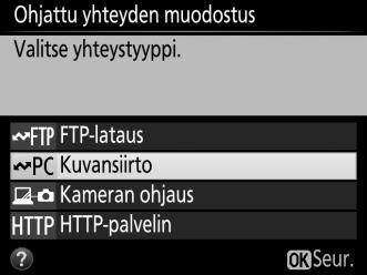 3 Käynnistä Ohjattu yhteyden muodostus. Korosta kohta Ohjattu yhteyden muodostus ja aloita ohjattu yhteyden muodostus painamalla 2. 4 Valitse yhteystyyppi (02).