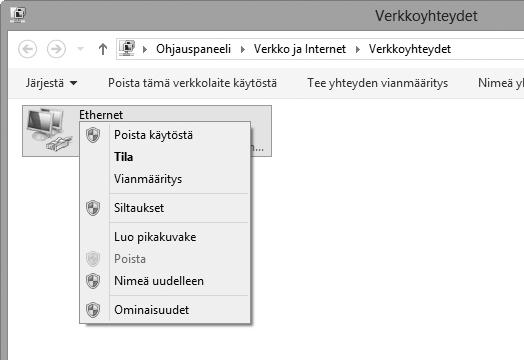 Jos olet muodostamassa Ethernet-yhteyttä, napsauta hiiren oikealla painikkeella kohtaa Ethernet (Windows 8.