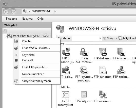 8 Avaa IIS manager. Kaksoisklikkaa kohtaa IIS-palveluiden hallinta. 9 Valitse Lisää FTP-palvelin.