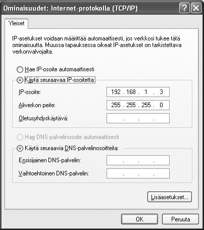 4 Syötä IP-osoite ja aliverkon peite. Anna IP-osoite ja aliverkon peite ftp-palvelimelle ja klikkaa OK.