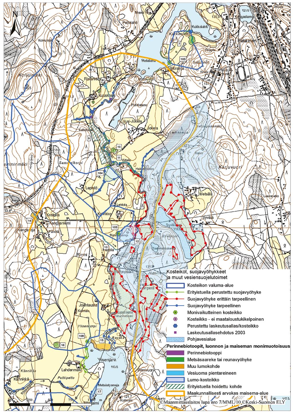 Kartta 5. Lumo-kohteet 7-17 sekä kosteikkokohteet 103-105 ja 108.