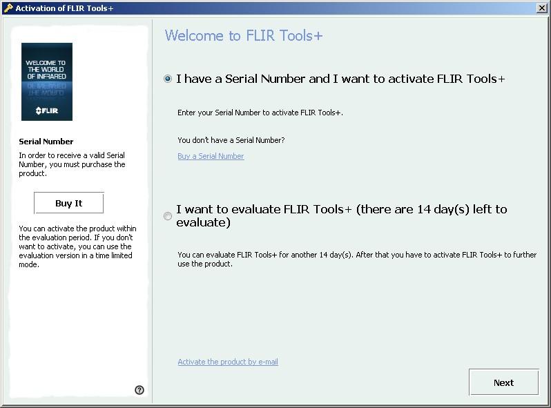 7 Käyttöoikeuksien hallinnointi 7.1 Käyttöoikeuden aktivointi 7.1.1 Yleistä Kun käynnistät FLIR Tools/Tools+ -ohjelmiston ensimmäistä kertaa, voit valita yhden seuraavista vaihtoehdoista: Aktivoi FLIR Tools/Tools+ Internetissä.