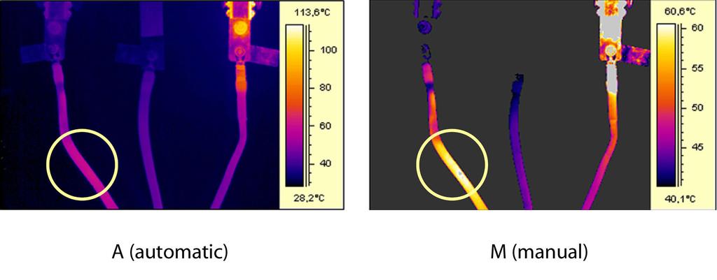 13 Kuvien analysoiminen 13.8.2.1 Esimerkki 1 Alla olevassa kuvassa on kaksi lämpökuvaa kaapelin kytkentäkohdista.