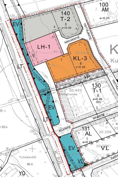 KUORTANEEN KUNTA KIRKONSEUDUN ASEMAKAAVAN MUUTOS SAMPOLAN ALUE, KORTTELI 140 14 osoitettu suojaviheralueita (EV). Ahjontie on osoitettu liittymään kantatiehen.