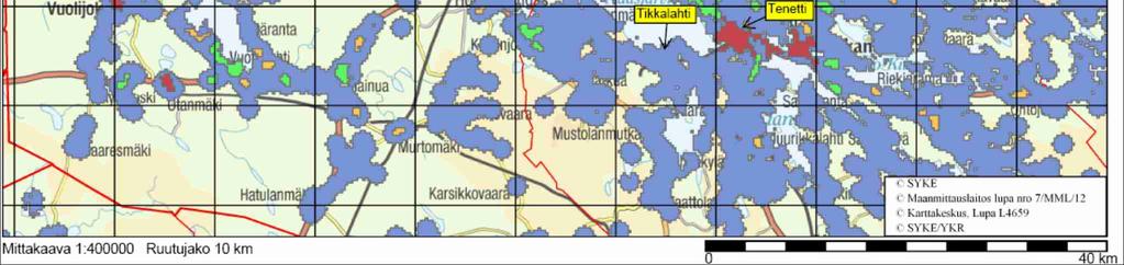 Purkupaikkavaihtoehtojen likimääräiset sijainnit on merkitty nuolilla (Ympäristöhallinnon Oiva-palvelu 15.3.20