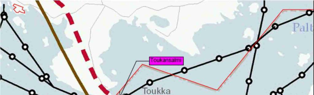 Kajaani-Vartius kehittämiskäytävää (ruskea viiva -ok). Toukansalmen yli on osoitettu punaisella katkoviivalla tieliikenteen yhteystarve. 111 Kuva 93.