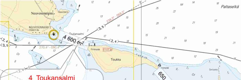 11 Kuva 7. Toukansalmen syvyysolot. Poikkipinta-alojen eroista johtuen kuvan (Kuva 8) virtaamista ohjautuu lähes 90 % Toukansalmen kautta.