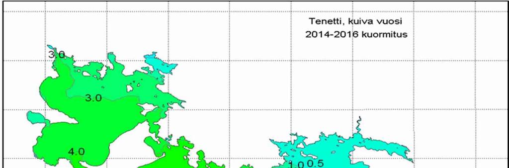 35 Kuva 29. Sulfaattipitoisuuden alueelliset keskiarvot pinta- ja pohjakerroksessa kuivana vesivuotena kuormituksen ollessa 30000 tn.