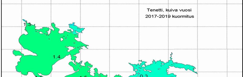 40 Kuva 34. Sulfaattipitoisuuden alueelliset keskiarvot pinta- ja pohjakerroksessa kuivana vesivuotena kuormituksen ollessa 10000 tn.