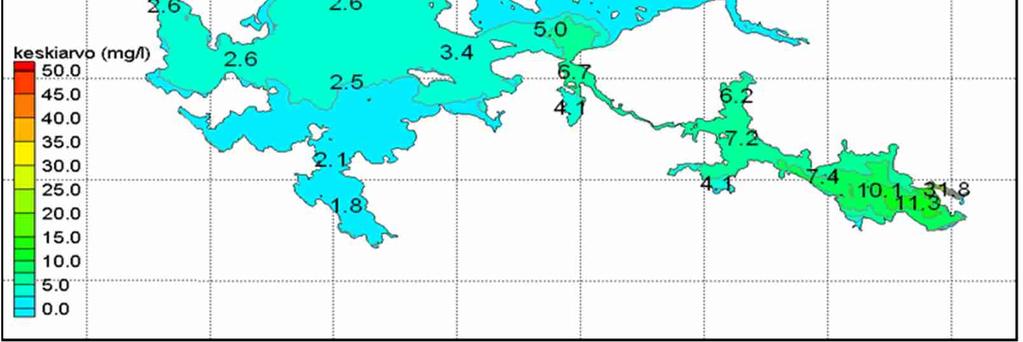 Yli 5 mg/l olevia pitoisuuksien nousuja esiintyy Nuasjärvessä ja
