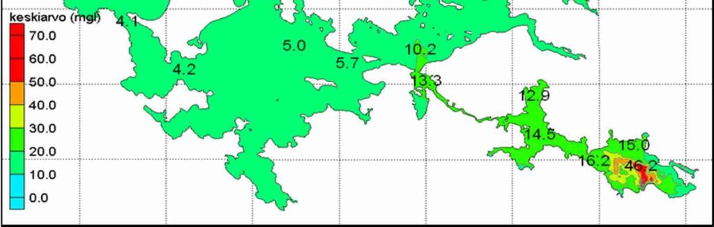 Yli 15 mg/l olevia pitoisuuksien nousuja esiintyy Nuasjärven pohjakerroksessa noin 80 100