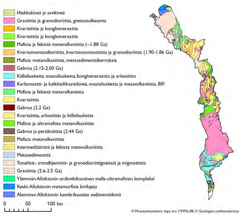 Kuva 3.1.4. Kallioperä Tornionjoen vesienhoitoalueella. Kuva 3.1.5.