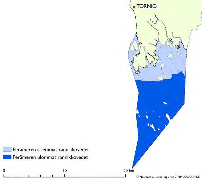 Vesienhoitoalueen rannikkovedet jakaantuvat kahteen rannikkovesityyppiin, jotka ovat Perämeren sisemmät rannikkovedet ja Perämeren ulommat rannikkovedet (kuva 4.2.3 ja taulukko 4.2.3).