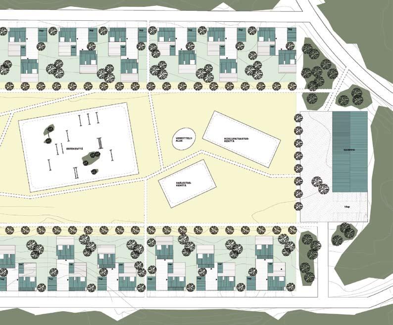 In Finnsinmäki, the plan is skilfully adapted to the historical manor-house environment. The riding park delimited by the housing is a kind of modern interpretation of a formal garden.