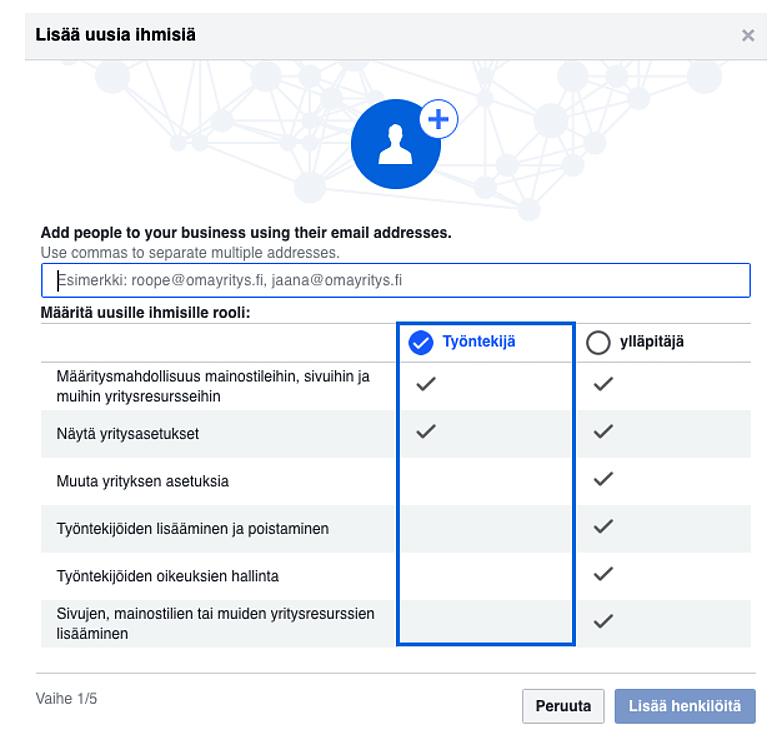 Ihmisten lisääminen Business Manageriin Ihmiset ja resurssit -välilehdellä Ihmisetkohdasta pääset lisäämään käyttäjiä Business Manageriin ja antamaan heille tarvittavia käyttöoikeuksia sivuille ja