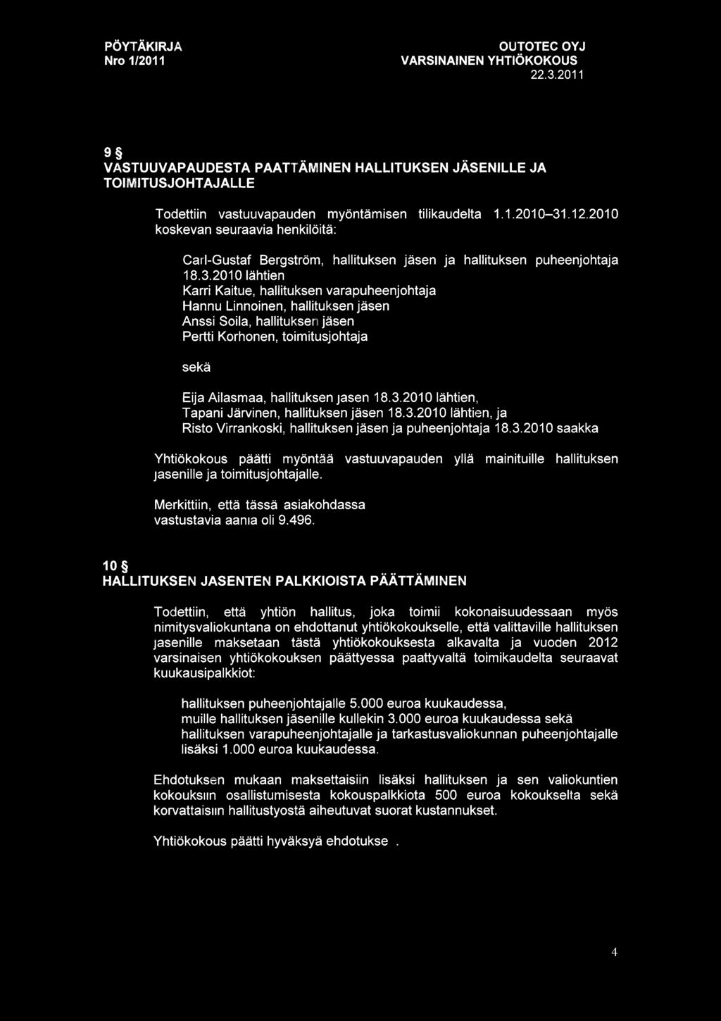 22.3.20 1 1 9 VASTUUVAPAUDESTA P TT MINEN HALLITUKSEN J SENILLE JA TOIMITUSJOHTAJALLE Todettiin vastuuvapauden my nt misen tilikaudelta 1.1.2010-31.12.