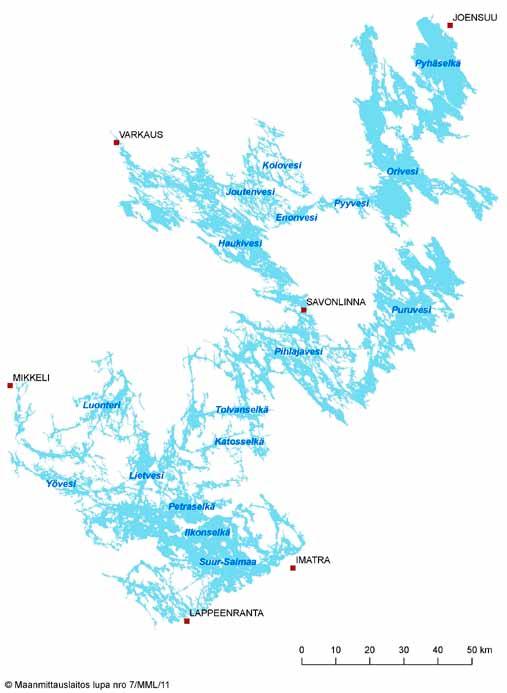 Kuva 1. Saimaan osa-alueet. Useimmiten Saimaan selät jäätyvät marras-joulukuun vaihteen tienoilla, viimeisimpinä Etelä-Saimaan selät keskimäärin 15. joulukuuta.