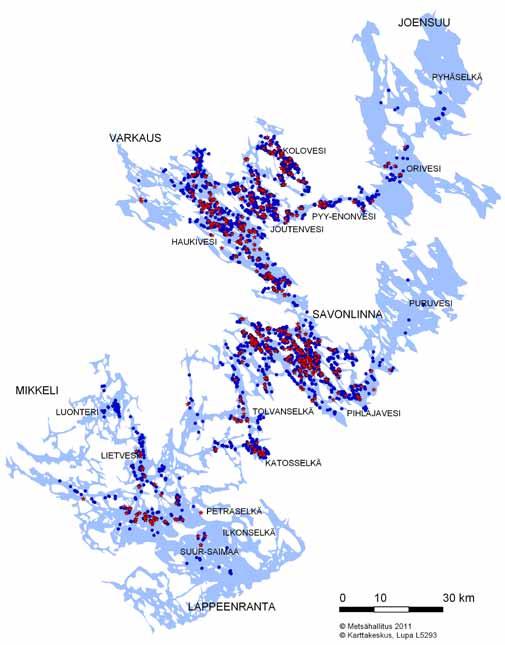 Kuva 2. Metsähallituksen keräämät saimaannorpan pesäpaikkatiedot vuosina 2000 2010. Poikaspesässä (punainen tähti) naaras synnyttää ja imettää.