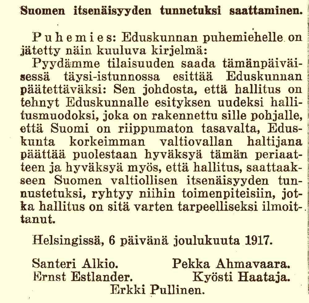 Eduskunnan puhemies Johannes Lundson Kansanedustajana 1.11.1917 31.3.1919 Puhemies 1.11.1917 25.9.1918 P. E.